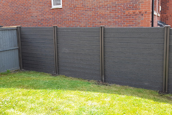 Silver Ash composite fencing with Ash composite posts and post caps